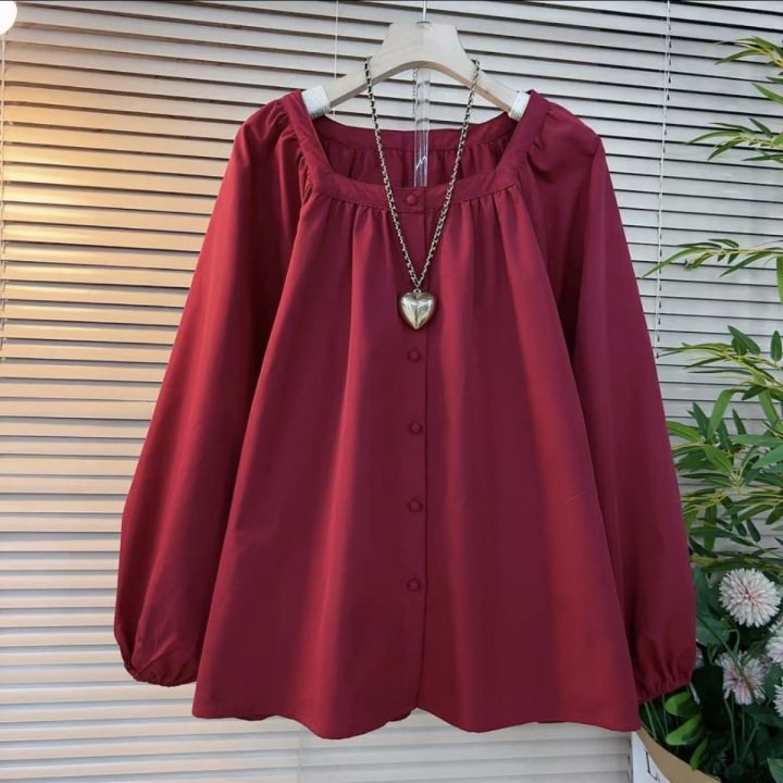 Áo Blouse Dáng Rộng Kiểu Pháp Tay Bồng Cổ Vuông Thanh Lịch