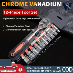 Wingent 12PCS Kunci Socket Set Lengkap 1/2 Inch & 1/4 Inch Drive Ratchet Wrench CR-V Socket Kits Mechanic Spanner Car Repair Tool Set