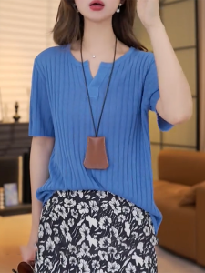 QINGNAER | Round Neck Short Sleeve Lightweight Slimming Casual Knit Top