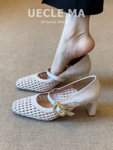 MASHUJIA | French Style Lace Sheepskin High Heel Mary Jane Sandals