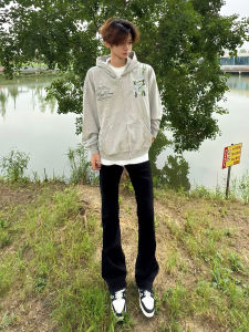 กางเกงยีนส์ทรงตรงสีดำสำหรับผู้ชาย ทรงสลิมฟิต กางเกงขายาวสไตล์ฮิปฮอป สไตล์อเมริกัน ทรงลำลอง ฤดูร้อน