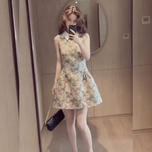 YIKEMAI | French Style Sleeveless Floral Doll Collar Flared Hem Womens Dress
