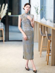 Roland ฤดูร้อน Vintage แขนกุด Young พรางหุ่น ยาว ชุดกี่เพ้า เรียบหรู ชุดเดรสออกงานกลางคืน ปรากฏ พรางหุ่น เดรส สวมใส่ทุกวัน