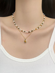 Tiger Eye Stone Double Layered Necklace for Women Luxury Minimalist Clavicle Chain Sweater Chain Fresh out New Popular Neck Chain