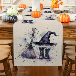 1Pc Halloween Themed Table Flag with Witch Hat Broom Boots Pattern Suitable for Party Restaurant Home Market Holiday Layout Scene.