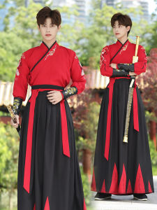 Traditional Large Size Mens Ancient Costume Swordswoman Martial Arts Hanfu Black Long Sleeve Shirt Wind Set Class Uniform