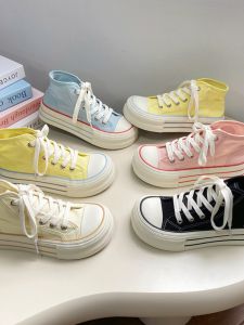 Casual Canvas Shoes for Women with Thick Soles and High Tops New 2024 Style Cross Strap Round Head Rubber Sole Youth Footwear