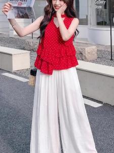 chaqi | Vintage French Dopamine Design Polka Dot Ruffle Hem Red Camisole Top