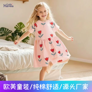 Little Maven Summer 2023 Princess Style Short Sleeve Pure Cotton Childrens Dress Girls Clothing Soft Cotton One-Piece Dress