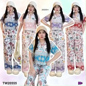 B20555 Set 2 ชิ้น เสื้อเชิ้ตแขนสั้นพิมพ์ลาย แบบครอป + กางเกงขากระบอกยาว เสื้อครอป