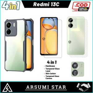 Paket 4in1 Case XIAOMI REDMI 13C Series Hardcase Armor Tpu Shookprof Transparans Casing Bonus Anti Gores Ceramic Matte Anti Spy + Skin Camera Lens + Skin Carbon 3D