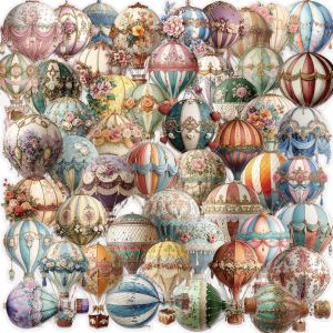 50 Pcs Vintage Hot Air Balloon Stickers Waterproof Transparent PET Journal Supplies for Guitar Notebook Laptop Phone Case Gift