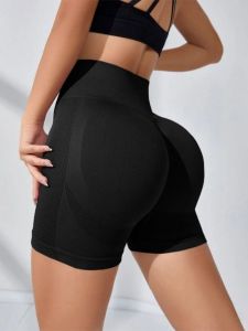 Quần Short Yoga Nữ Liền Mạch Cạp Cao Màu Đào Tập Chạy Bộ Thể Thao Chất Liệu Dệt Kim Nylon Elastane Màu Trơn Đúng Size