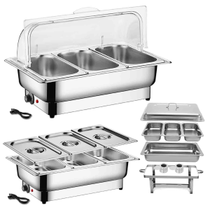 3 Grids Electric Chafing Dish Food Warmer with Lid 9L Stainless Steel Food Insulation Cabinet with Visual Flip Cover Integrated Electric Food Warmer Heater Portable Food Display Cabinet Electric Thermostatic Box Knob Temperature
