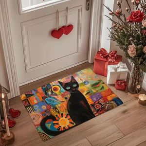 Thảm Cửa Chống Trượt VIKAMA Boho Họa Tiết Mèo Đen Trừu Tượng Hoa Văn Hình Học Thảm Chào Mừng Nhiều Màu Sắc Dùng Cho Lối Vào Trang Trí Nhà Cửa Chất Liệu Polyester Giặt Máy Được.
