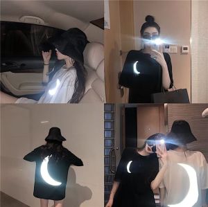 Summer Loose Fit Printed Half Sleeve T-Shirt Couple Matching Moon Reflective Mens Casual Top Womens Fashionable Upperwear