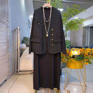 plus Size Autumn Casual Long Sleeve V-Neck Womens Fashion Set Vest And Midi Skirt Cotton Polyester Blend Comfortable Fit