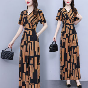 Impression Fashion Store Women Elegant V-neck Short Sleeve Print Fake 2 Pcs High Waist Slim Wide Leg Long Jumpsuit