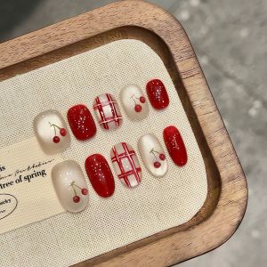 Cherry Red New Year Style Handmade Short Wearable Nail Tips Elegant Sensation Red Color Gentle Tone from Mainland China