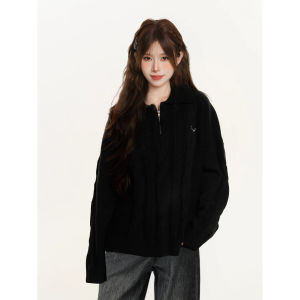 Áo Len Dệt Kim Cổ Tròn Màu Đen Dày Dặn Rộng Rãi Cho Nữ Mùa Thu Đông Áo Khoác Ngoài Mềm Mại Lười Biếng Phong Cách Thường Ngày