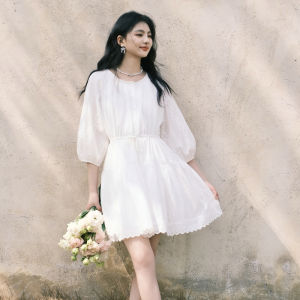100% Cotton White Elegant Dress Womens Spring Commute Beautiful A-Line Skirt Girls Style Lace Detail Standard Fit Midi Dress