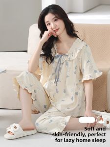 MiiOW | Catwoman Summer Sleepwear Women Pure Cotton Moisture Wicking Breathable Short Sleeve Seven-Piece Pants Set Sweet Girl Home Clothes