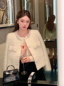 Thickened Woolen Short Jacket for Women Embroidered Pearl French Rich Girl Style Winter New Arrival Commute Slim Fit round Neck