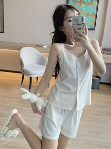 Bộ Đồ Ngủ Cotton Nguyên Chất Mùa Hè Cho Nữ Bộ Đồ Ngủ Hai Mảnh Gợi Cảm Ngọt Ngào Phong Cách Hàn Quốc Cỡ Lớn Mỏng Mặc Nhà