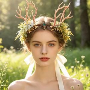 Forest-Themed Antler Branch Flower Wreath Headpiece Ultra-Fantastic Artificial Green Leaf Fairy Hairband Bridal Travel Photo Accessories
