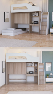 KIRANA Batavia - Set Kamar Tidur Kayu Divan 90 x 200 Tingkat Meja Rak Buku Lemari Pakaian Minimalis