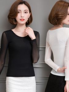 Black Lace Long Sleeve round Neck Mesh Base Shirt Womens Spring Autumn Thin Style T-Shirt Korean Version Commute Pure Color