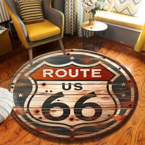 VIKAMA American Vintage Route 66 Round Rug Aged Wooden Texture Non Slip Living Room Rug Nostalgic Style Home Decoration