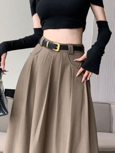 Brown Pleated Skirt for Women Mid Length Long Length Autumn High Waist Slimming A- line Skirt Draping Effect Easiest for Match Big Hem Umbrella Skirt Tide