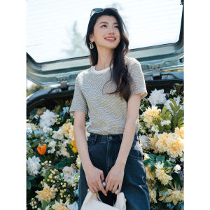 Summer Lightweight Handmade Beaded T-Shirt Womens Fashion Classic Commute Style Straight Cut Polyester Cotton Blend Short Sleeve round Neck