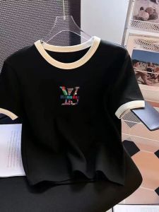 Womens Short-Sleeved T-shirt 2024 Summer New Arrival Fancy Trendy All-Match Letters Print Contrast Color round Neck Chic Tops