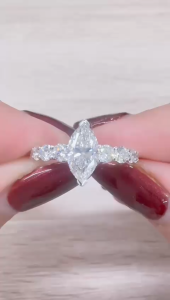 TDG 10K White Gold Lab-Grown Marquise Diamond Ring with Round Side Stones