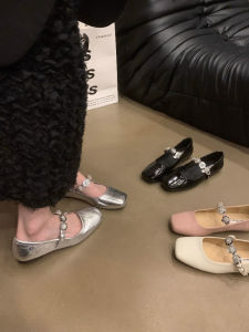 XUJIA | French Crystal Silver Square Toe Flat Mary Jane Shoes for Spring Summer