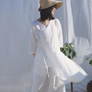 ชุดโยคะผ้าลินินคอตตอน ชุดโยคะแบบยาวปานกลาง ชุดโยคะสไตล์ฮันฟู่ ชุดโยคะสำหรับผู้หญิง ชุดโยคะสไตล์จีนโบราณ