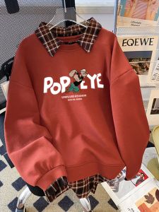 Extra Large Size 300 Pounds College Style Fake Two-Piece Hoodie Womens Spring Autumn Loose Unique Top Korean Style Casual Long Sleeve