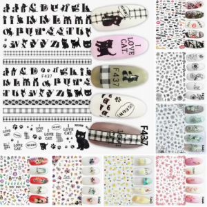 Sticker Dán Móng Tay Họa Tiết Hoa Văn Chữ Viết Alphabet Và Mèo Con / Hoa Trắng Đen /Hoa Khô / Hoa Cúc / Hoa Đào /Nails sticker Series F – F437