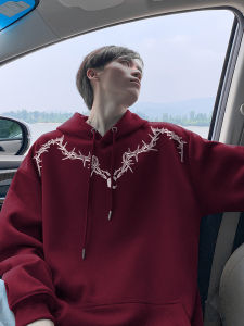 เสื้อสเวตเตอร์มีฮู้ดพิมพ์ลายดอกไม้สำหรับผู้ชาย สีแดงเข้ม ทรงหลวม แฟชั่นฤดูใบไม้ผลิและฤดูใบไม้ร่วง ทรงหลวม สไตล์อเมริกัน แจ็คเก็ตสเวตเตอร์มีฮู้ด