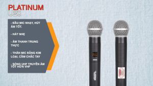 Micro không dây  The Platinum U20 - bộ 2 micro và 1 đầu thu - kết nối UHF khoảng cách 20m  - Hàng chính hãng