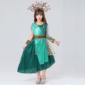 Fast shipping Girls Greek Mythology Gorgon Medusa Cosplay Costume Green Split Long Dress Halloween Party Costume for Kids