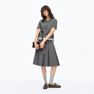 DUSHU | Slack Fabric Contrast Color Adjustable Waist Skater Pleated Skirt