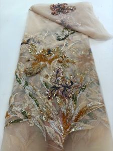 5 Yards African Lace Fabric Sequins Beaded Embroidery Groom Nigerian Bridal High Quality French Tulle Lace Fabric For Wedding