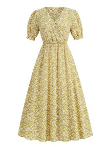 Summer New Vintage Floral Print V-Neck Puffy Sleeve Waist-Cinching Short-Sleeve Dress High-Waisted Slimming Skirt for Women