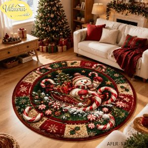 VIKAMA Christmas Round Rug Christmas Mittens Frosty Gold Bell Area Rug Living Room Holiday Home Decor Aesthetic Art Large Cute