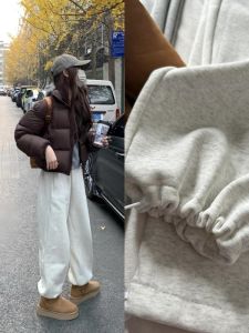 High Waist Drawstring Fleece Lined Cotton Sweatpants Womens Autumn Winter Straight Leg Loose Fit Lazy Wide Leg Pants