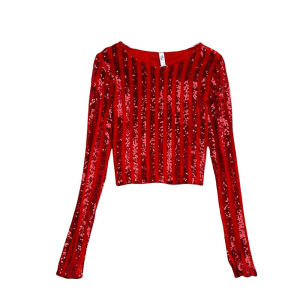 Elegant Sequin Mesh Long Sleeve Round Neck Slim Fit T-shirt