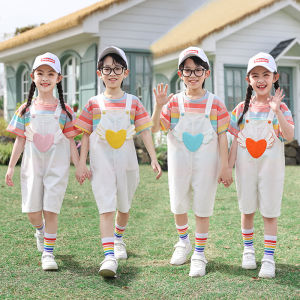 ชุดการแสดงฤดูร้อนลายทางสีรุ้ง กางเกงขายาวผ้าฝ้ายผสม ชุดเต้นรำ ชุดการแสดง ชุดเด็กอนุบาล ชุดเต้นรำอนุบาล